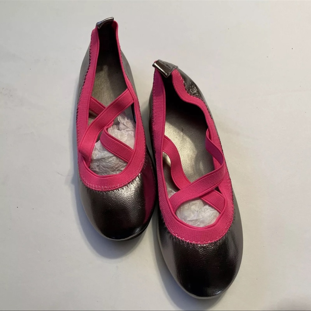 Girls Silver Flats size 11 with hot pink ribbon front cross elastic straps.